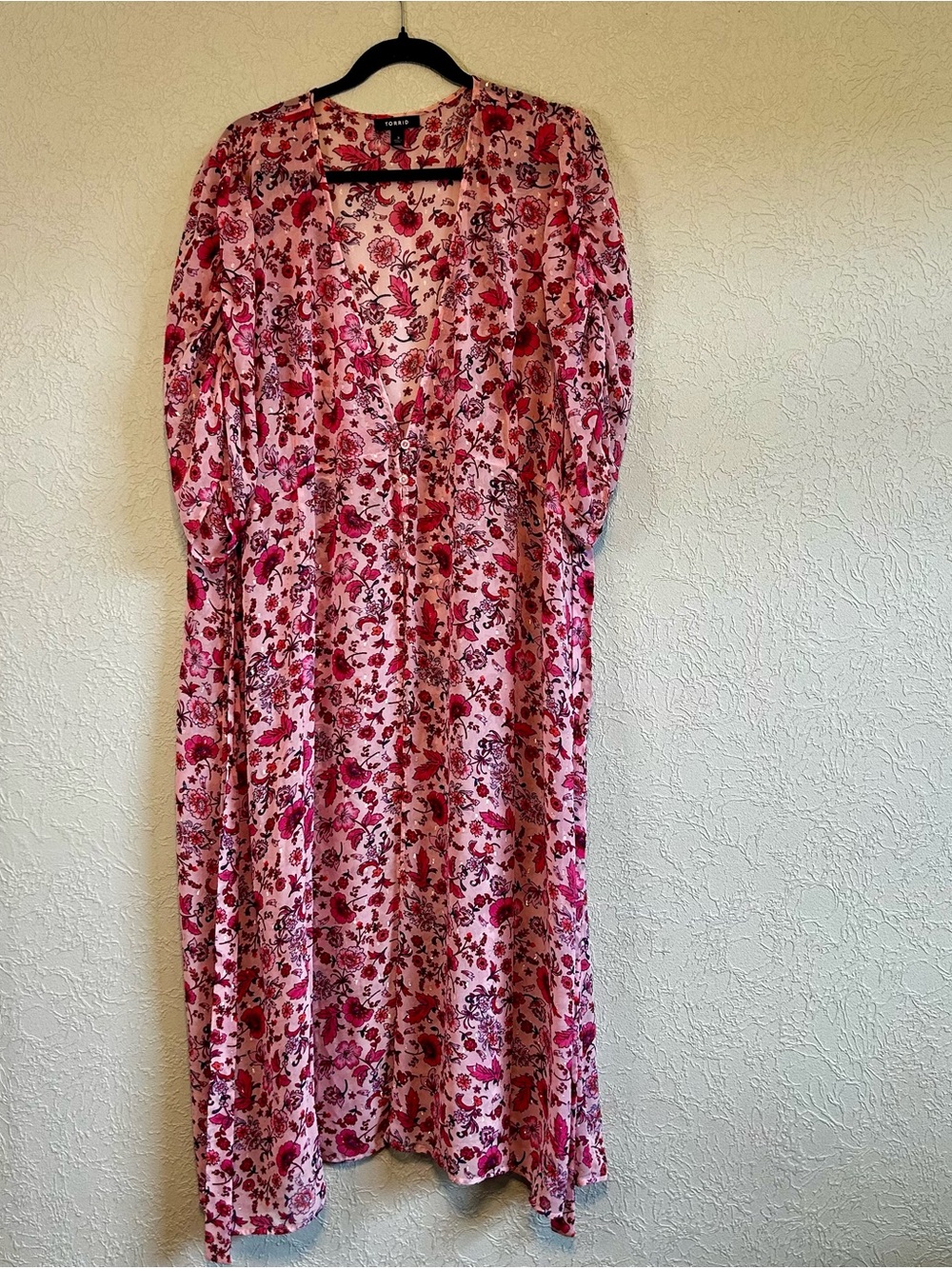 Torrid Size 3 Pink Floral Sheer Metallic Maxi Duster Kimono